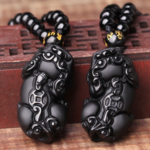 Black Obsidian Pixiu Protection Necklace - Wealth Lock & Evil Repelling Black Obsidian Pixiu Protection Necklace - Wealth Lock & Evil Repelling