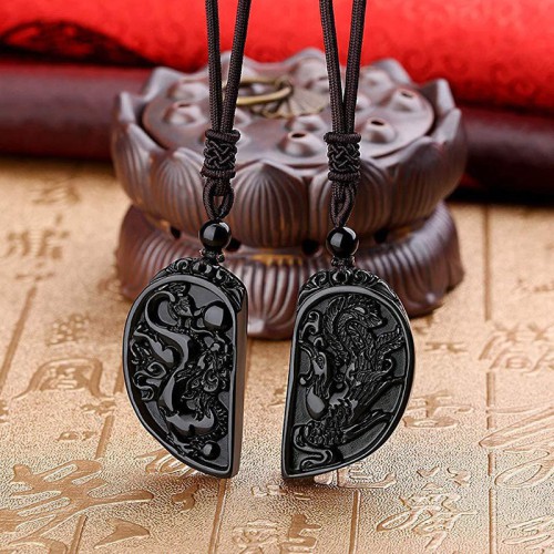 Dragon and Phoenix Obsidian Balancing Necklace - Love Union & Family Blessing Dragon and Phoenix Obsidian Balancing Necklace - Love Union & Family Blessing