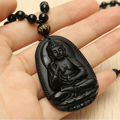 Black Obsidian Buddha Necklace for Protection - Negative Energy Blocking & Mental Clarity