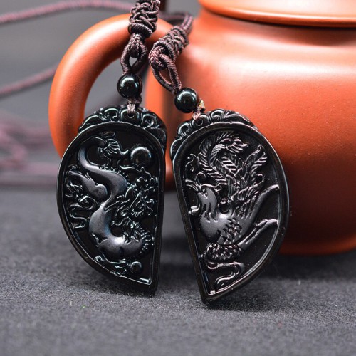 Dragon and Phoenix Obsidian Balancing Necklace - Love Union & Family Blessing Dragon and Phoenix Obsidian Balancing Necklace - Love Union & Family Blessing