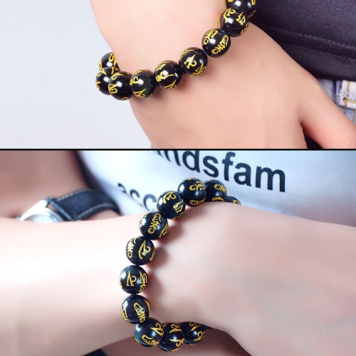 Six-Word Mantra Natural Obsidian Prayer Bead Bracelet Six-Word Mantra Natural Obsidian Prayer Bead Bracelet